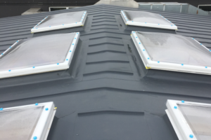 Standing Seam style flat roof with rooflights on a school